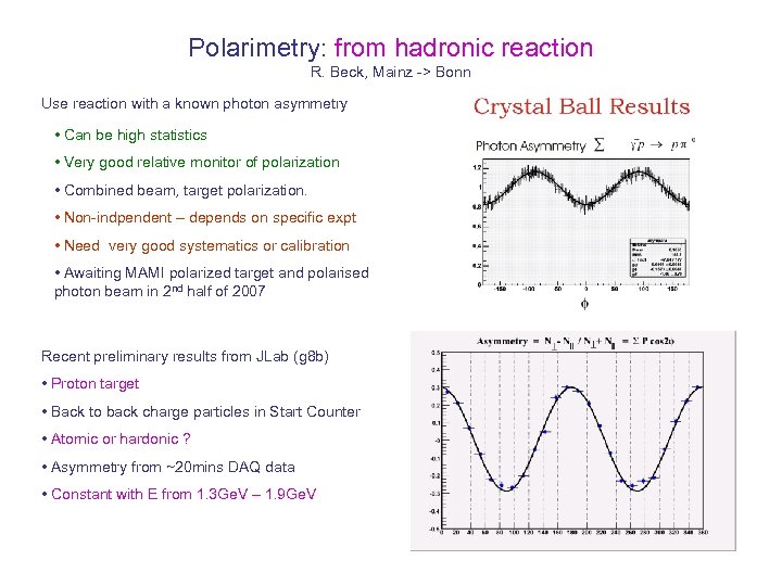 Polarimetry: from hadronic reaction R. Beck, Mainz -> Bonn Use reaction with a known