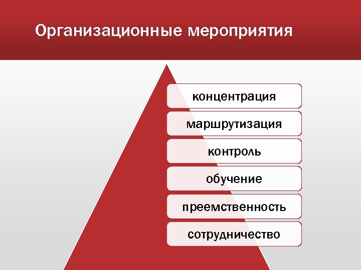 Организационные мероприятия концентрация маршрутизация контроль обучение преемственность сотрудничество 