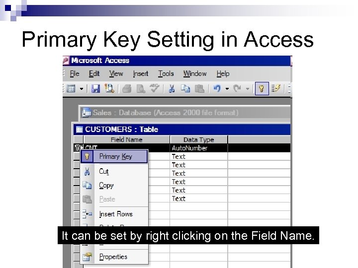 Primary Key Setting in Access It can be set by right clicking on the