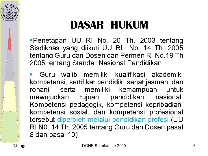 DASAR HUKUM §Penetapan UU RI No. 20 Th. 2003 tentang Sisdiknas yang diikuti UU
