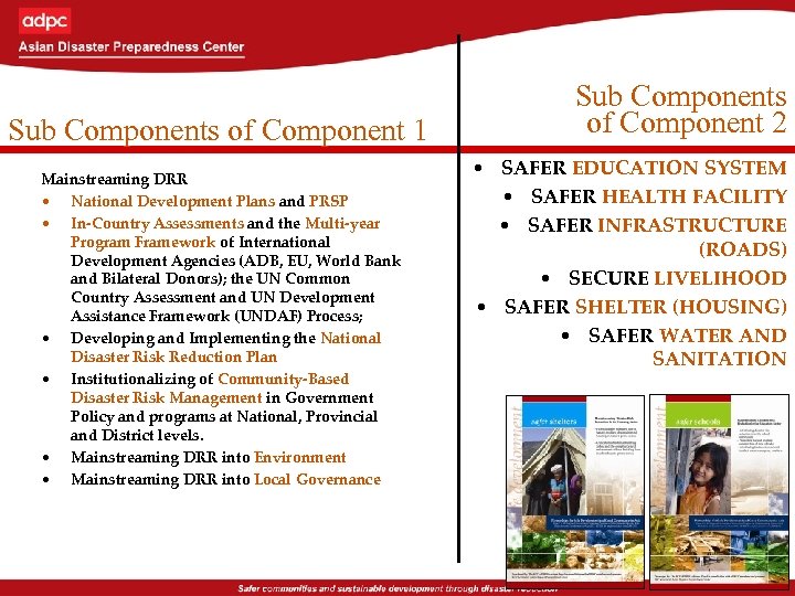 Sub Components of Component 1 Mainstreaming DRR • National Development Plans and PRSP •