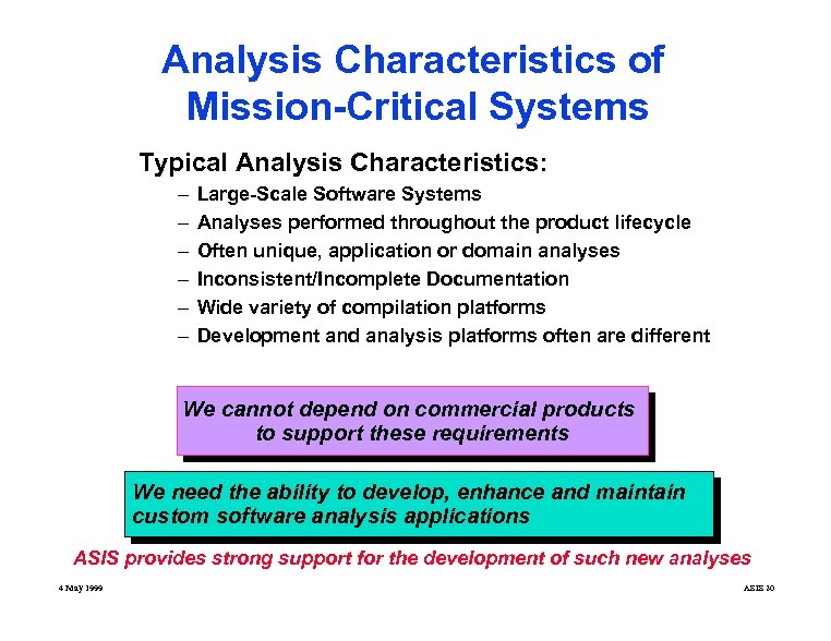 Analysis Characteristics of Mission-Critical Systems Typical Analysis Characteristics: – – – Large-Scale Software Systems