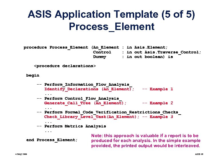 ASIS Application Template (5 of 5) Process_Element procedure Process_Element (An_Element : in Asis. Element;