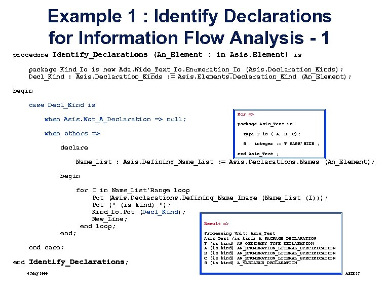 Example 1 : Identify Declarations for Information Flow Analysis - 1 procedure Identify_Declarations (An_Element