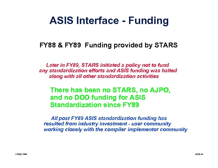 ASIS Interface - Funding FY 88 & FY 89 Funding provided by STARS Later