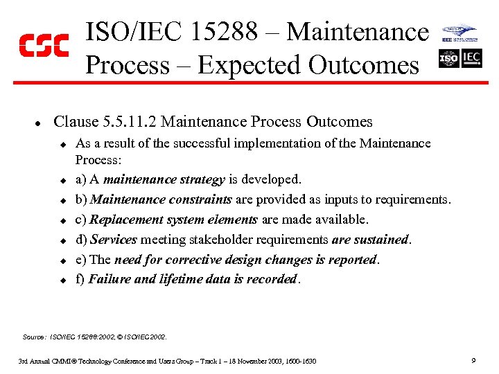 ISO/IEC 15288 – Maintenance Process – Expected Outcomes l Clause 5. 5. 11. 2