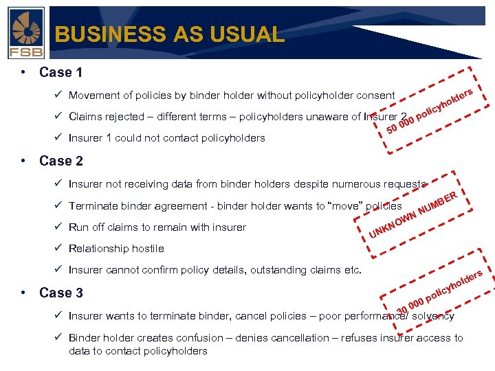 BUSINESS AS USUAL • Case 1 ü Movement of policies by binder holder without