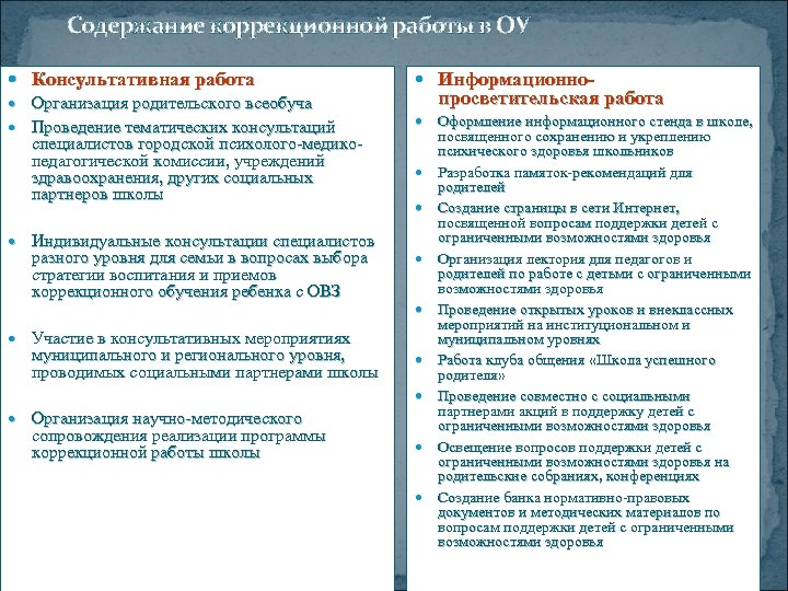  Содержание коррекционной работы в ОУ Консультативная работа Организация родительского всеобуча Проведение тематических консультаций