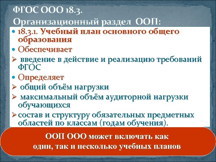 ФГОС ООО 18. 3. Организационный раздел ООП: 18. 3. 1. Учебный план основного общего