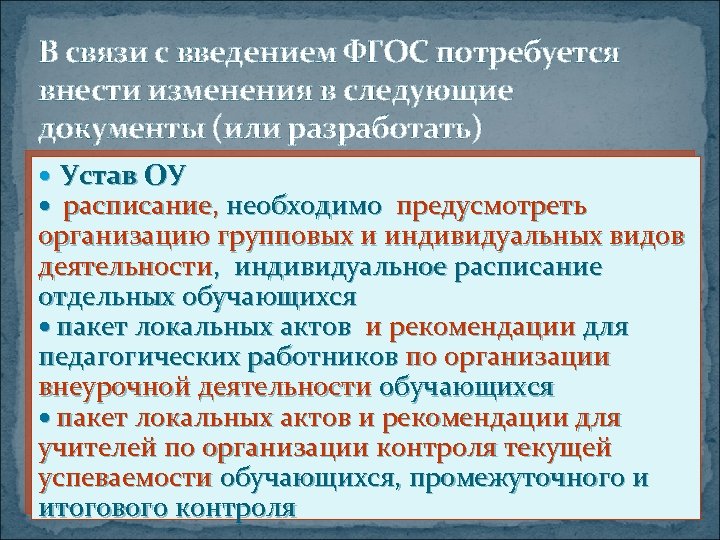 В связи с введением ФГОС потребуется внести изменения в следующие документы (или разработать) Устав