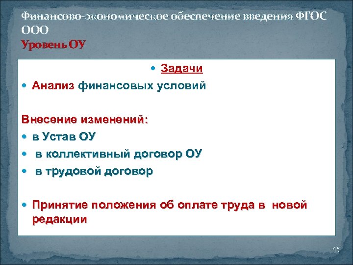 Финансово-экономическое обеспечение введения ФГОС ООО Уровень ОУ Задачи Анализ финансовых условий Внесение изменений: в