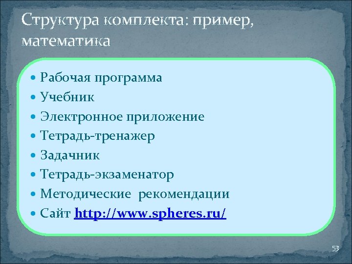 Структура комплекта: пример, математика Рабочая программа Учебник Электронное приложение Тетрадь-тренажер Задачник Тетрадь-экзаменатор Методические рекомендации