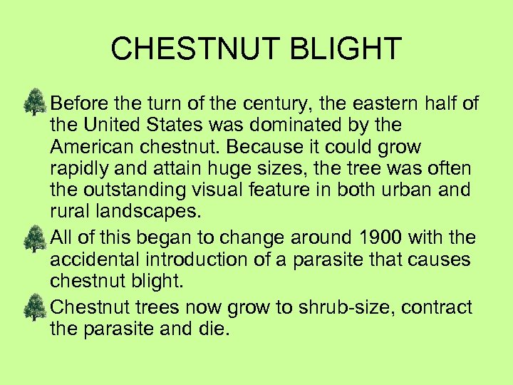 CHESTNUT BLIGHT Before the turn of the century, the eastern half of the United