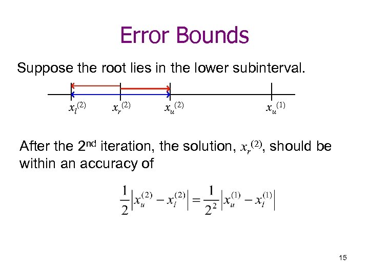 Error Bounds Suppose the root lies in the lower subinterval. xl(2) xr(2) xu(1) After
