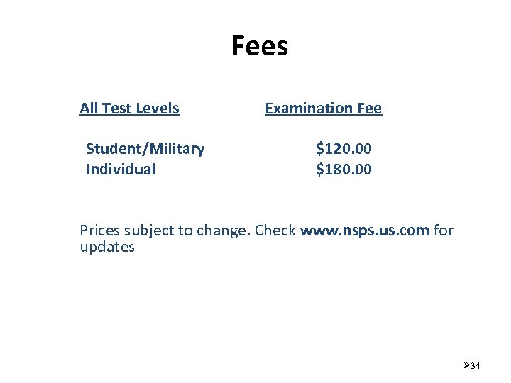 Fees All Test Levels Student/Military Individual Examination Fee $120. 00 $180. 00 Prices subject