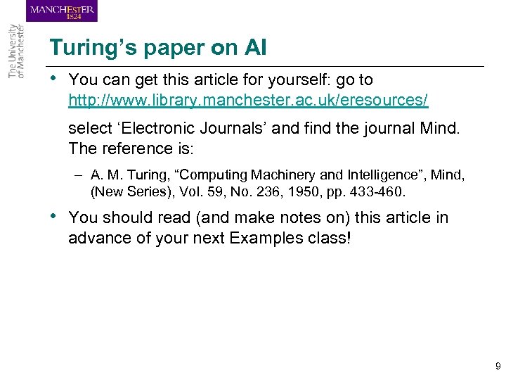 Turing’s paper on AI • You can get this article for yourself: go to