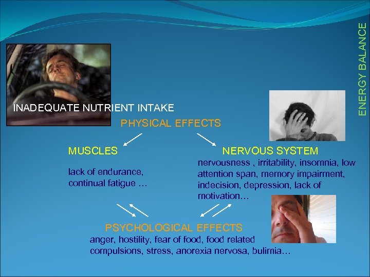 ENERGY BALANCE INADEQUATE NUTRIENT INTAKE PHYSICAL EFFECTS MUSCLES lack of endurance, continual fatigue …