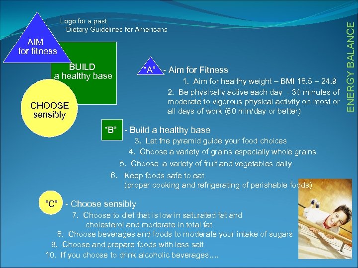 AIM for fitness BUILD a healthy base CHOOSE sensibly “A” - Aim for Fitness