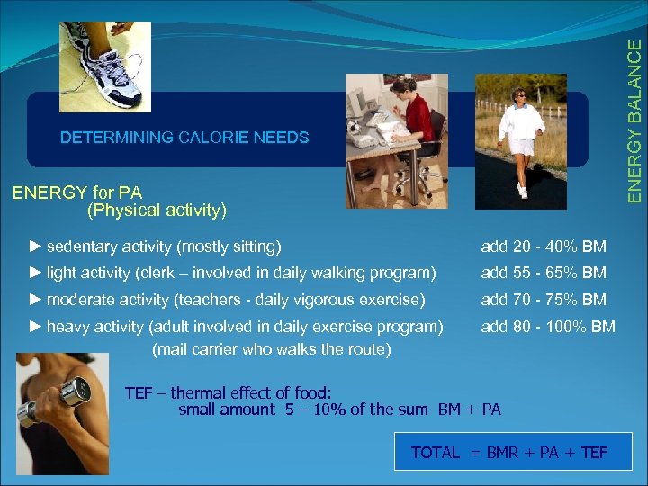 ENERGY BALANCE DETERMINING CALORIE NEEDS ENERGY for PA (Physical activity) u sedentary activity (mostly