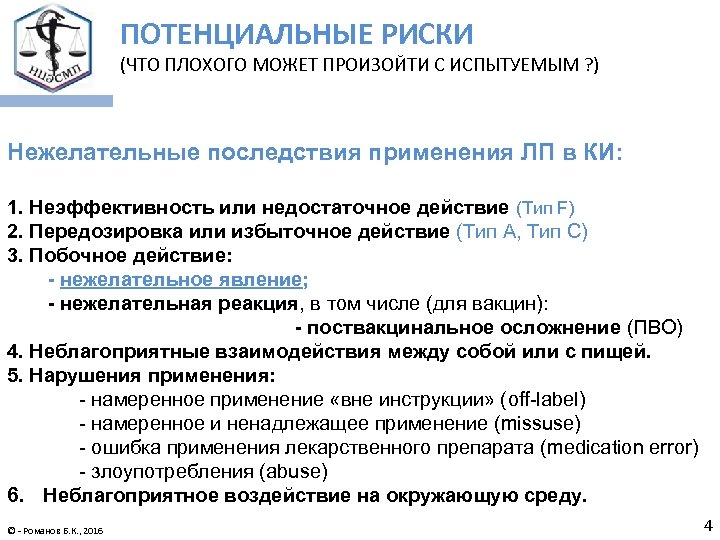 ПОТЕНЦИАЛЬНЫЕ РИСКИ (ЧТО ПЛОХОГО МОЖЕТ ПРОИЗОЙТИ С ИСПЫТУЕМЫМ ? ) Нежелательные последствия применения ЛП