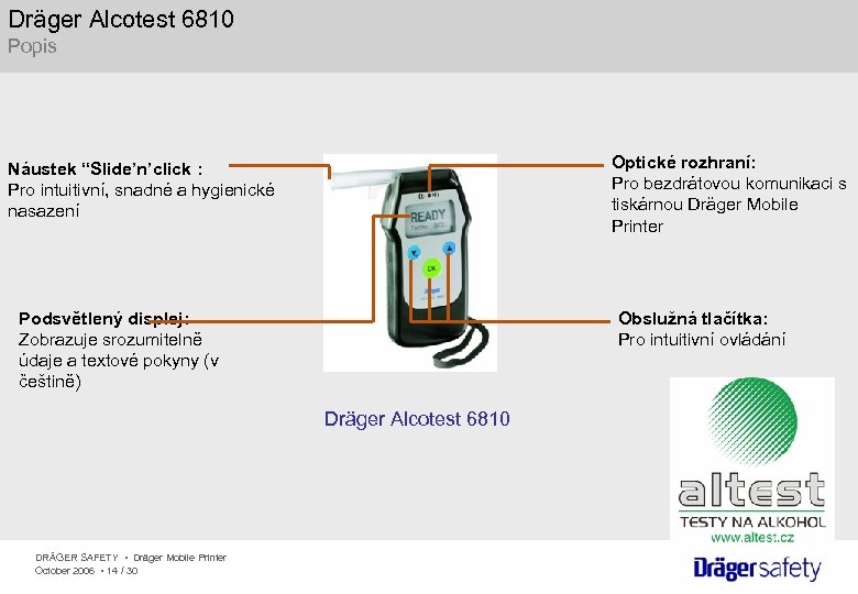 Dräger Alcotest 6810 Popis Optické rozhraní: Pro bezdrátovou komunikaci s tiskárnou Dräger Mobile Printer