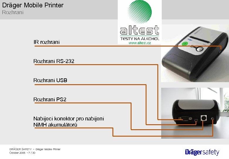 Dräger Mobile Printer Rozhraní IR rozhraní RS-232 Rozhraní USB Rozhraní PS 2 Nabíjecí konektor