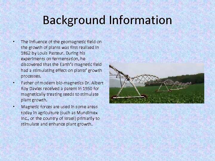 Background Information • • • The influence of the geomagnetic field on the growth