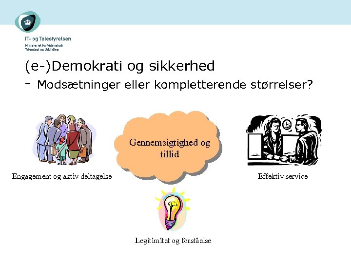 (e-)Demokrati og sikkerhed - Modsætninger eller kompletterende størrelser? Gennemsigtighed og tillid Engagement og aktiv