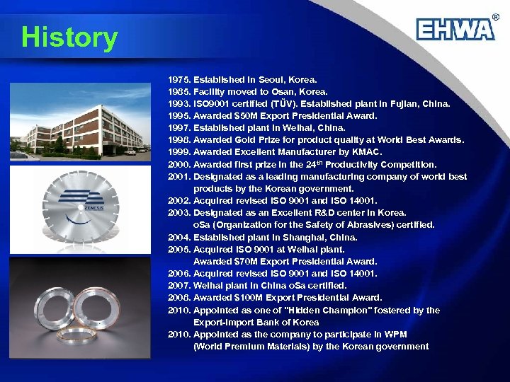 History 1975. Established in Seoul, Korea. 1985. Facility moved to Osan, Korea. 1993. ISO