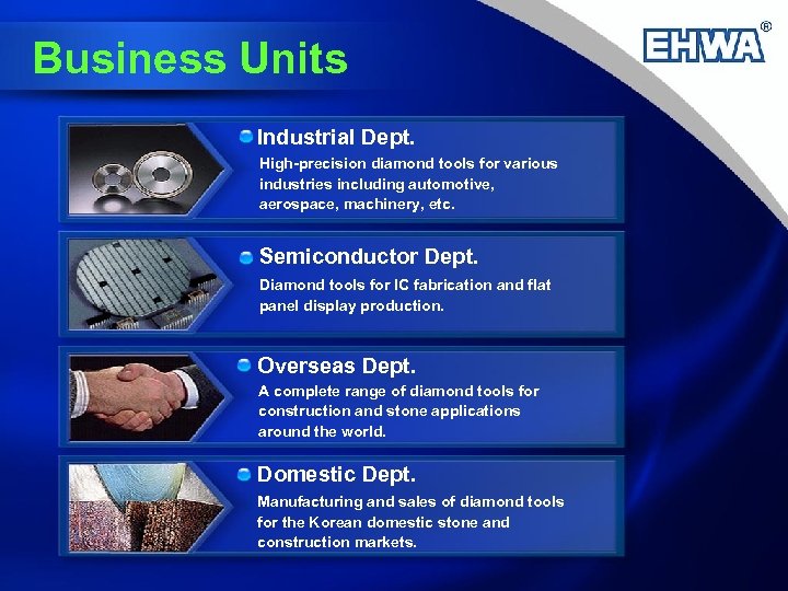 Business Units Industrial Dept. High-precision diamond tools for various industries including automotive, aerospace, machinery,