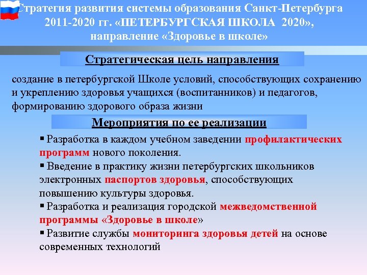 Стратегия развития системы образования Санкт-Петербурга 2011 -2020 гг. «ПЕТЕРБУРГСКАЯ ШКОЛА 2020» , направление «Здоровье