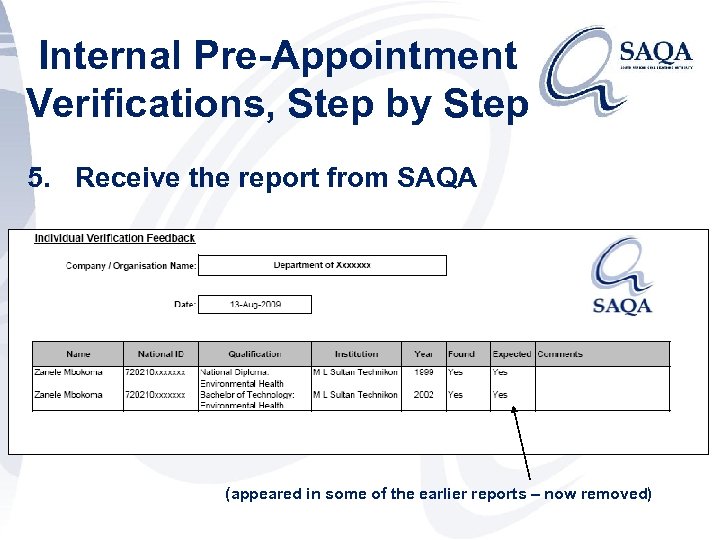 Internal Pre-Appointment Verifications, Step by Step 5. Receive the report from SAQA (appeared in