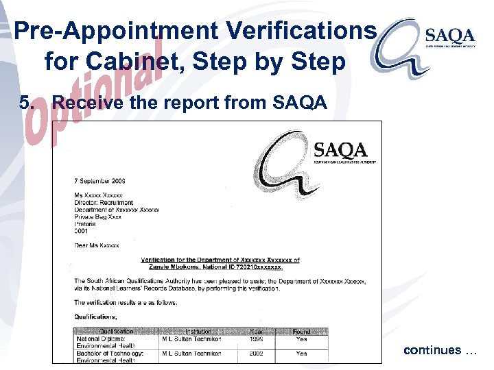 Pre-Appointment Verifications for Cabinet, Step by Step 5. Receive the report from SAQA continues