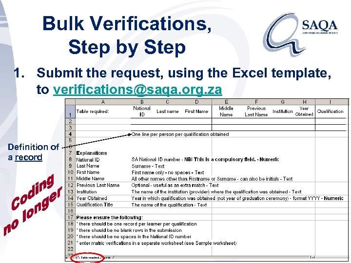 Bulk Verifications, Step by Step 1. Submit the request, using the Excel template, to