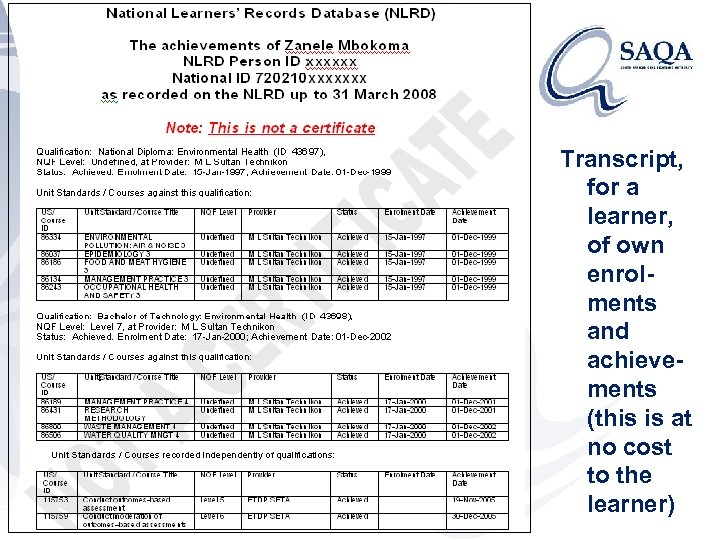 Transcript, for a learner, of own enrolments and achievements (this is at no cost