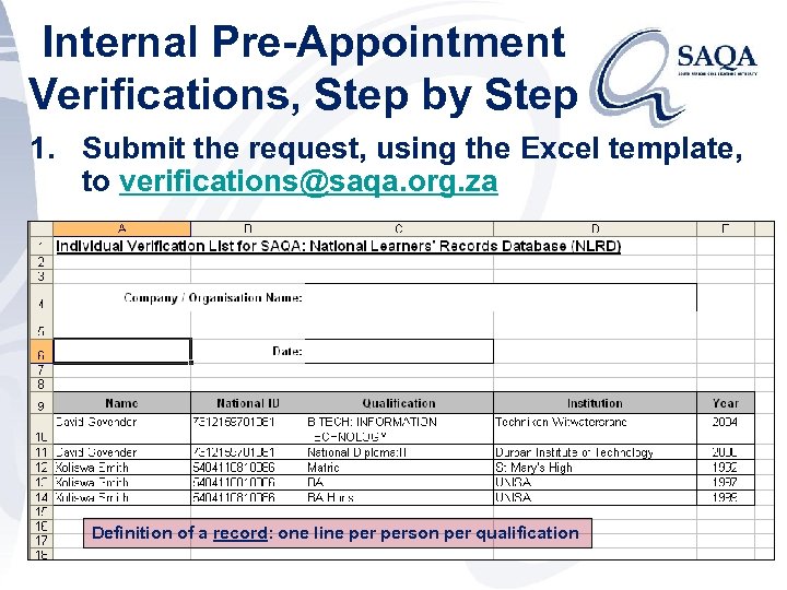 Internal Pre-Appointment Verifications, Step by Step 1. Submit the request, using the Excel template,