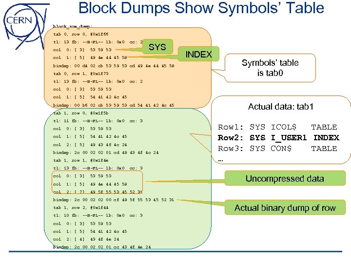 Block Dumps Show Symbols’ Table block_row_dump: tab 0, row 0, @0 x 1 f