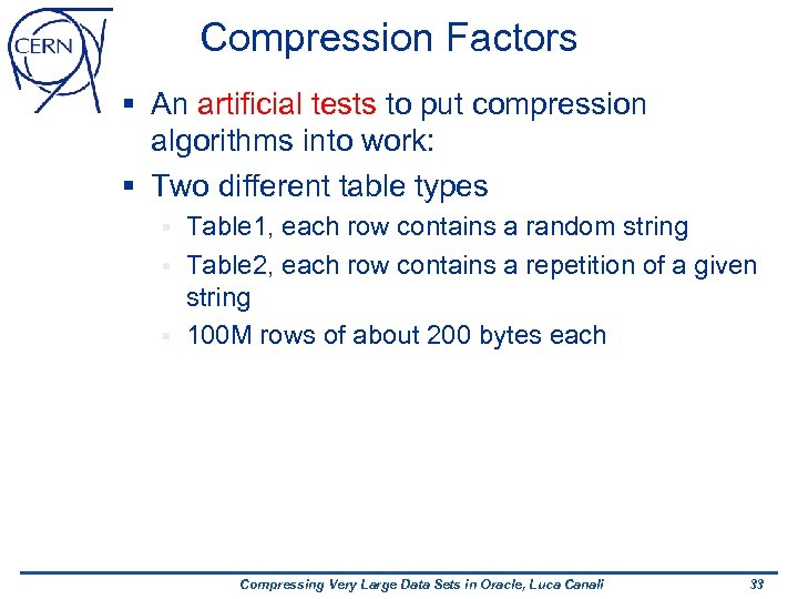 Compression Factors § An artificial tests to put compression algorithms into work: § Two
