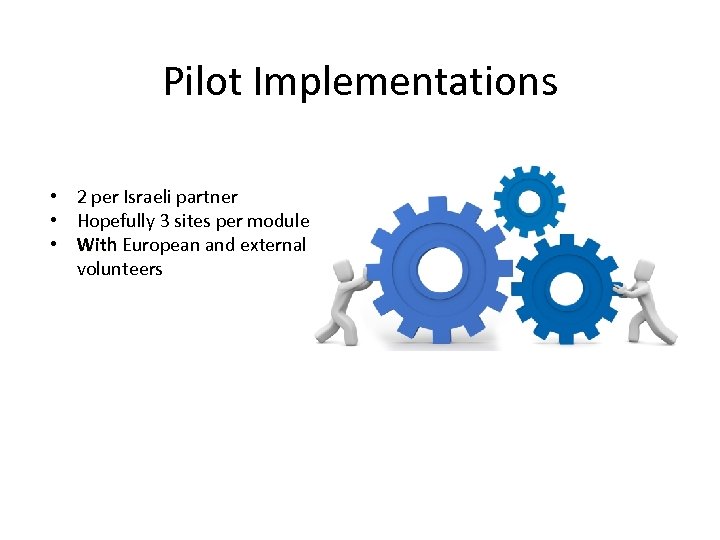 Pilot Implementations • 2 per Israeli partner • Hopefully 3 sites per module •