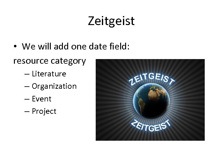 Zeitgeist • We will add one date field: resource category – Literature – Organization