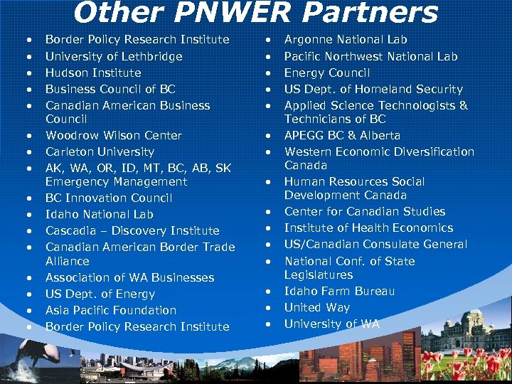 Other PNWER Partners • • • • Border Policy Research Institute University of Lethbridge