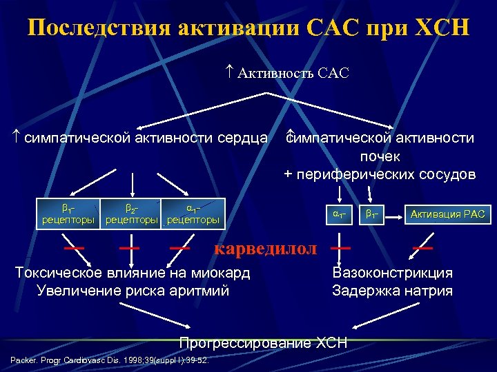 Последствия активации САС при ХСН Активность САС симпатической активности сердца 1 рецепторы симпатической активности