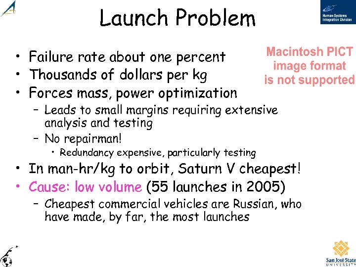 Launch Problem • Failure rate about one percent • Thousands of dollars per kg