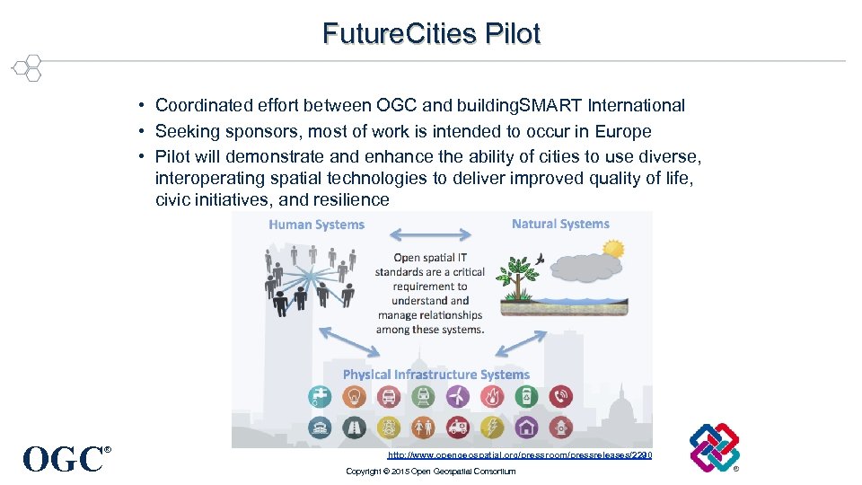 Future. Cities Pilot • Coordinated effort between OGC and building. SMART International • Seeking