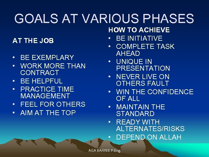 GOALS AT VARIOUS PHASES AT THE JOB • BE EXEMPLARY • WORK MORE THAN