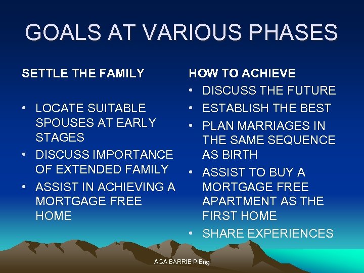 GOALS AT VARIOUS PHASES SETTLE THE FAMILY • LOCATE SUITABLE SPOUSES AT EARLY STAGES