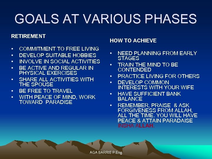 GOALS AT VARIOUS PHASES RETIREMENT • • HOW TO ACHIEVE COMMITMENT TO FREE LIVING