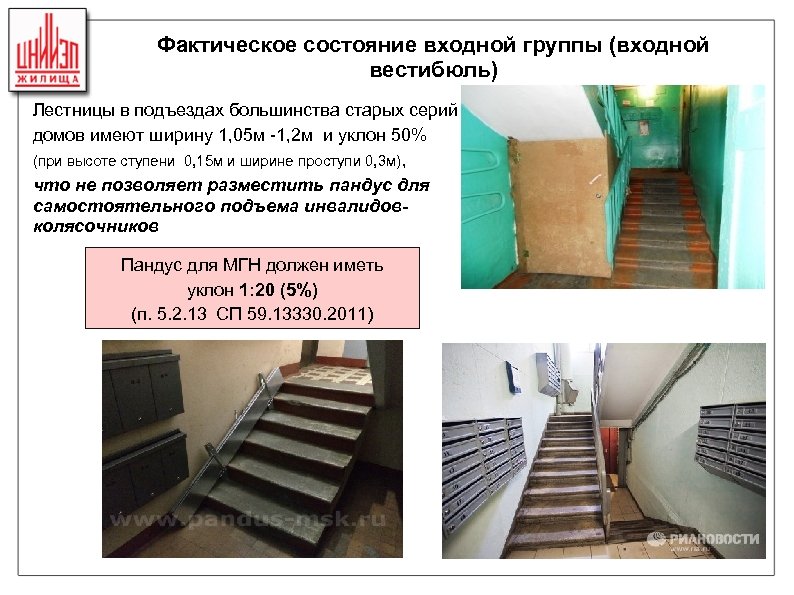 Фактическое состояние входной группы (входной вестибюль) Лестницы в подъездах большинства старых серий домов имеют