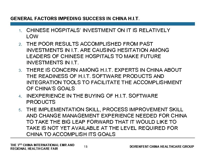 GENERAL FACTORS IMPEDING SUCCESS IN CHINA H. I. T. 1. 2. 3. 4. 5.