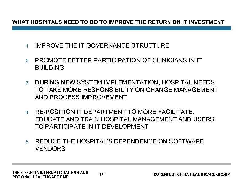 WHAT HOSPITALS NEED TO DO TO IMPROVE THE RETURN ON IT INVESTMENT 1. IMPROVE